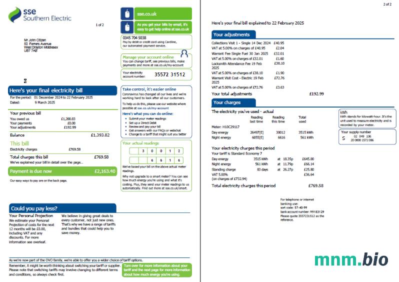 Szablon rachunku za media w Szkocji SSE w formatach Word i PDF, 2 strony